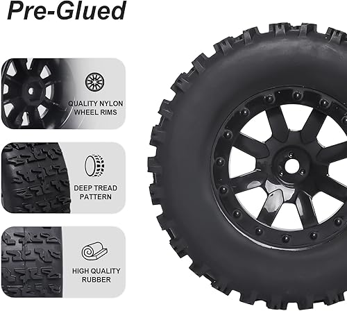 Miniatura 9 de HobbyPark Neumáticos y ruedas RC prepegados de 0.472 in hexagonal para escala 1/10 RC Short Course Truck Traxxas Slash 4x4 2WD BL-2S, Redcat