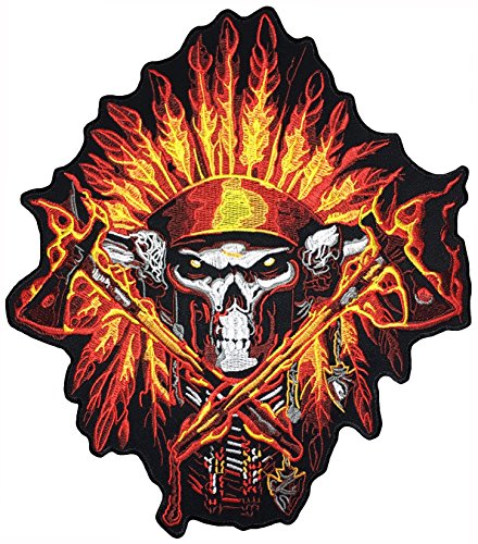 [Large Size] Papapatch Fire Flame Feathered Indian Chief Head Death Skull Biker Motorcycle Jacket Vest Embroidered Sew On Iron On Patch (Iron-Fire-Indian-04-Large) #TOP11