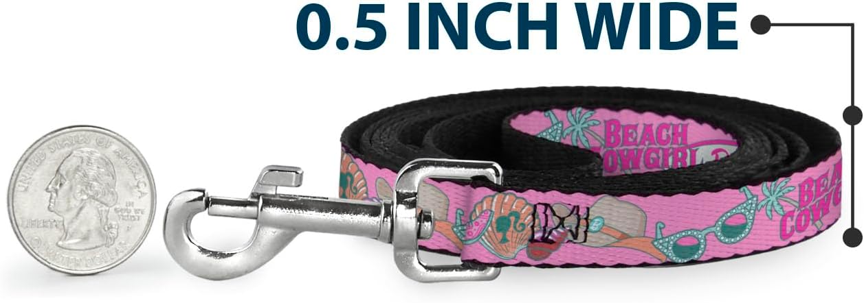 Mattel ペットリーシュ、犬用リーシュ、バービービーチカウガールアイコンコラージュピンクブルー、長さ6フィート、幅1.0インチ