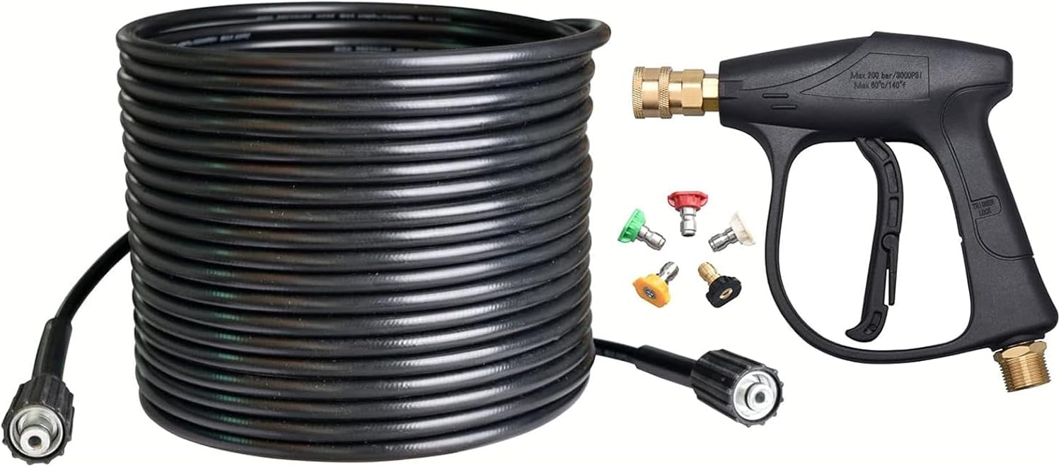 DUSICHIN 50 FT Hose Wand High Pressure Washer Gun 3000 PSI Max 5 Pressure Power Washer Nozzles and Kink Resistant 3000 PSI High Pressure Washer Hose Replacement With M22-14mm Thread DUS-221 Black