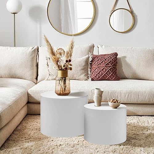 Miniatura 41 de Juego de 2 mesas de centro anidadas, mesas de café redondas de nogal, mesa redonda de madera moderna y mesa auxiliar para espacios pequeños,