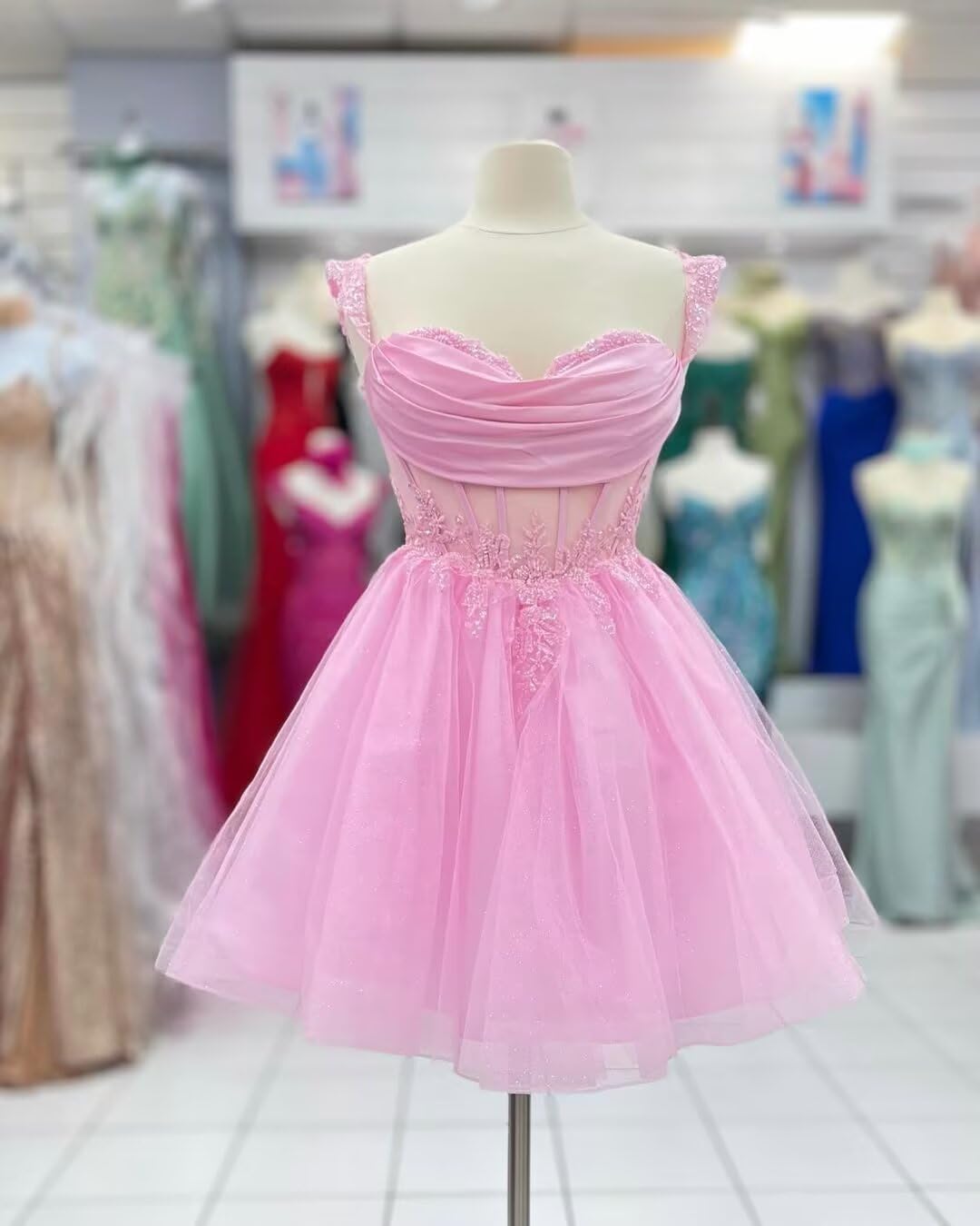 Tulle Homecoming Dresses Short for Teens Sparkly Lace 3D Floral DAMA Dress for Quinceanera Beaded Off Shoulder Prom Dress - Image 6