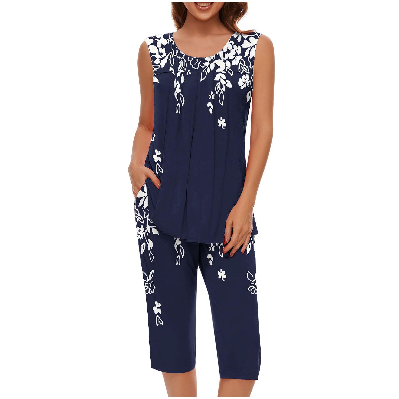 Pajama Sets for Women Summer Plus Size Lounge Sleepwear Loose Sleeveless Tops Printed Bermuda Shorts with Pockets — view 16