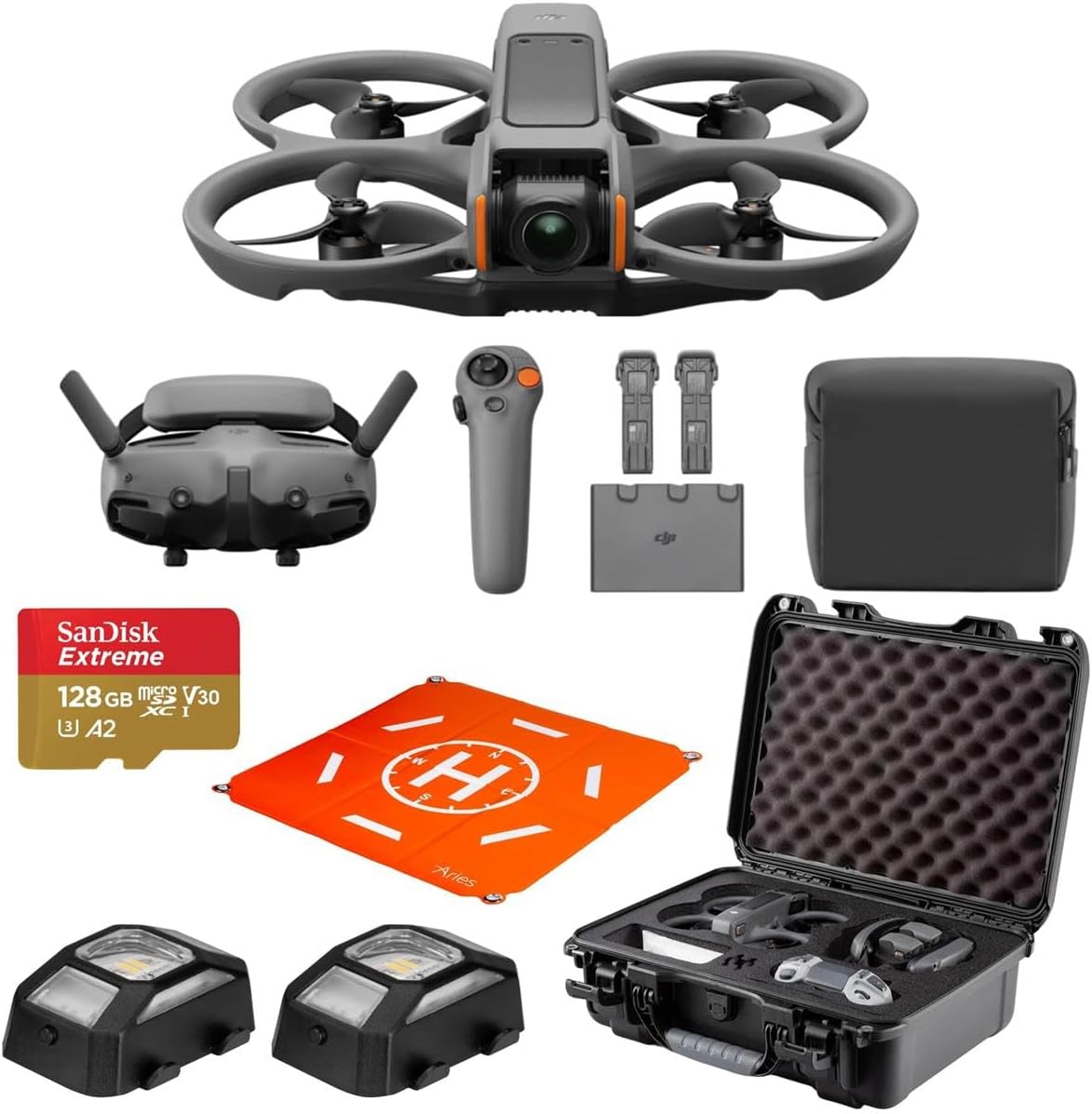 DJI Avata 2 Fly More Combo (3 Batteries) FPV Drone with Camera 4K, Propeller Guard, Camera Drone, Goggles 3 & RC Motion 3 Nanuk 925 Waterproof Hard Case, SD Card, Landing Pad, 2X Strobe LEDs