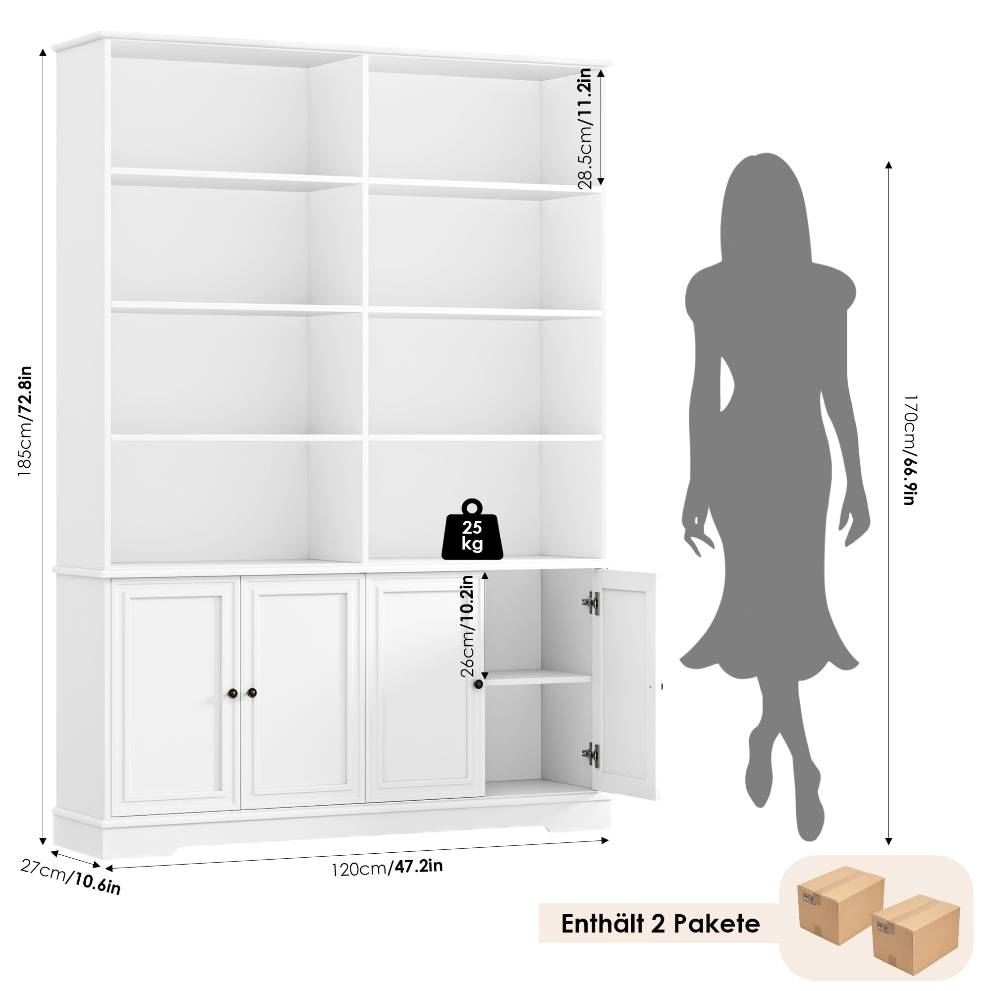 FirFurd 185cm Bücherregal mit Türen Bücherschrank mit 12 Fächern Vitrinenschrank aus Holz Hochschrank Regal mit Türen für Wohnzimmer Arbeitszimmer Büro Küche 185 x 27 x 120cm Weiß
