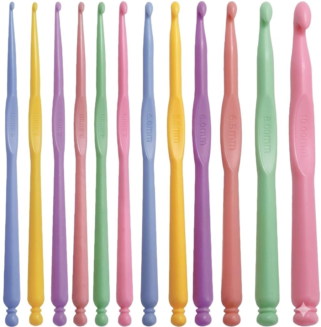 qalam kaari plastic crochet hooks 12 pcs different sizes (2.0mm - 10.0mm) long crochet needles, ergonomic crochet hook set for beginners, diy yarn weaving tools for scarf hat socks knitting (multicolour)