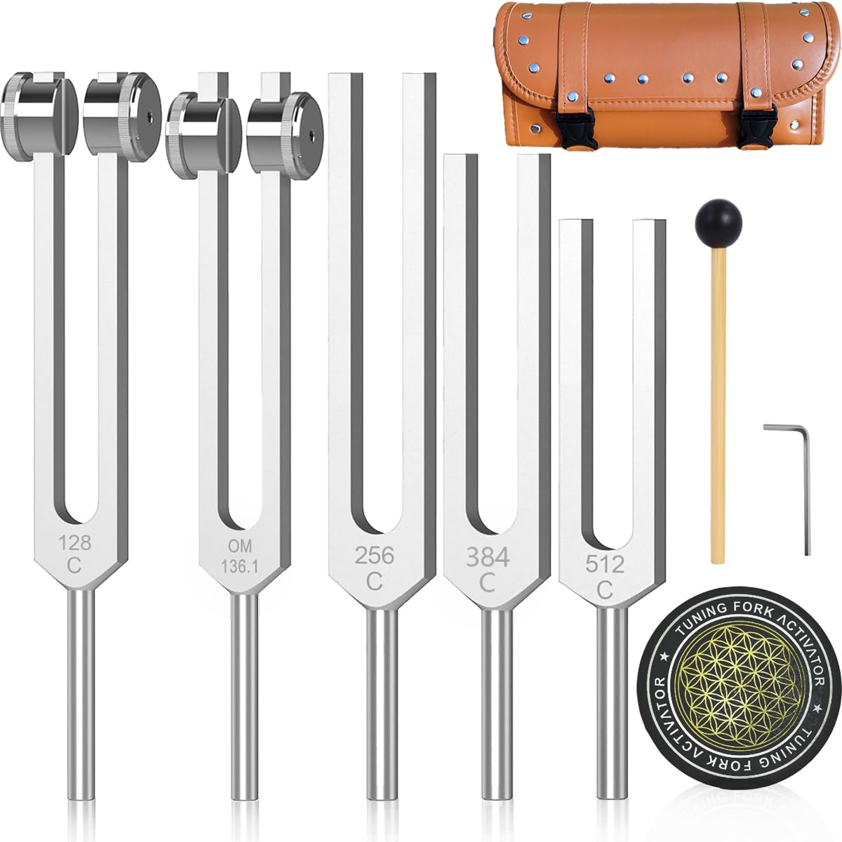 Resonanz-Stimmgabeln für Heilung – gewichtetes und ungewichtetes Stimmgabel-Set inklusive 128 Hz, 136 Hz, 256 Hz, 384 Hz, 512 Hz & Hockey-Puck-Aktivator, Chakra-Schalltherapie-Instrumente