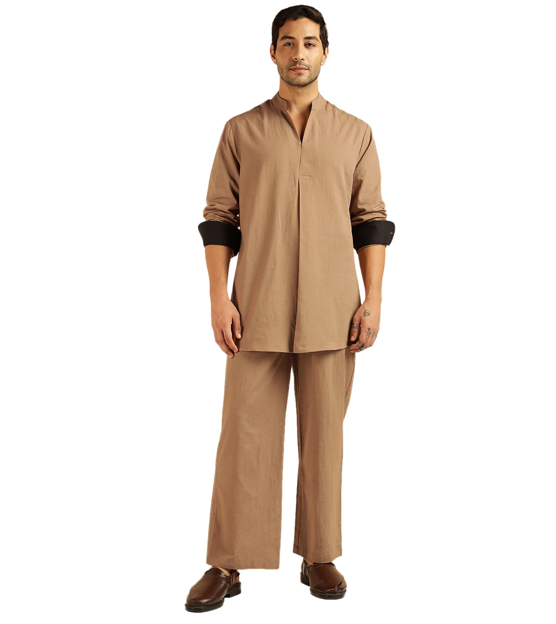 amanush Men's Striped with Solid Pure Cotton Co-Ord Set For Men|2 Piece Sets|Trouser & Shirts Combo|Vacation Dress|Casual|Latest|New (Beige)-picture-22