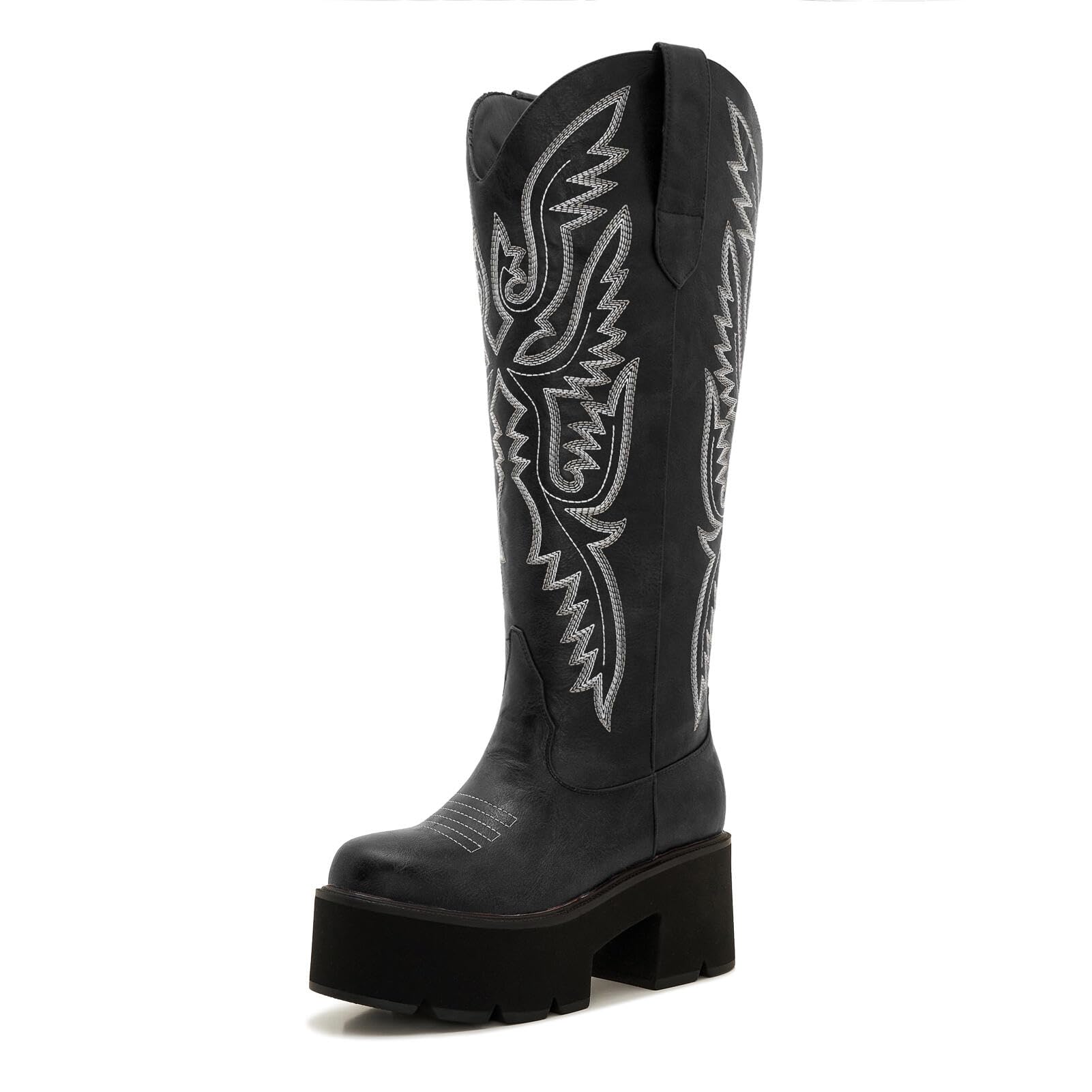 Womens Red Platform Cowgirl Boots with Zipper Western Knee-High Chunky Sole Cowboy Boots