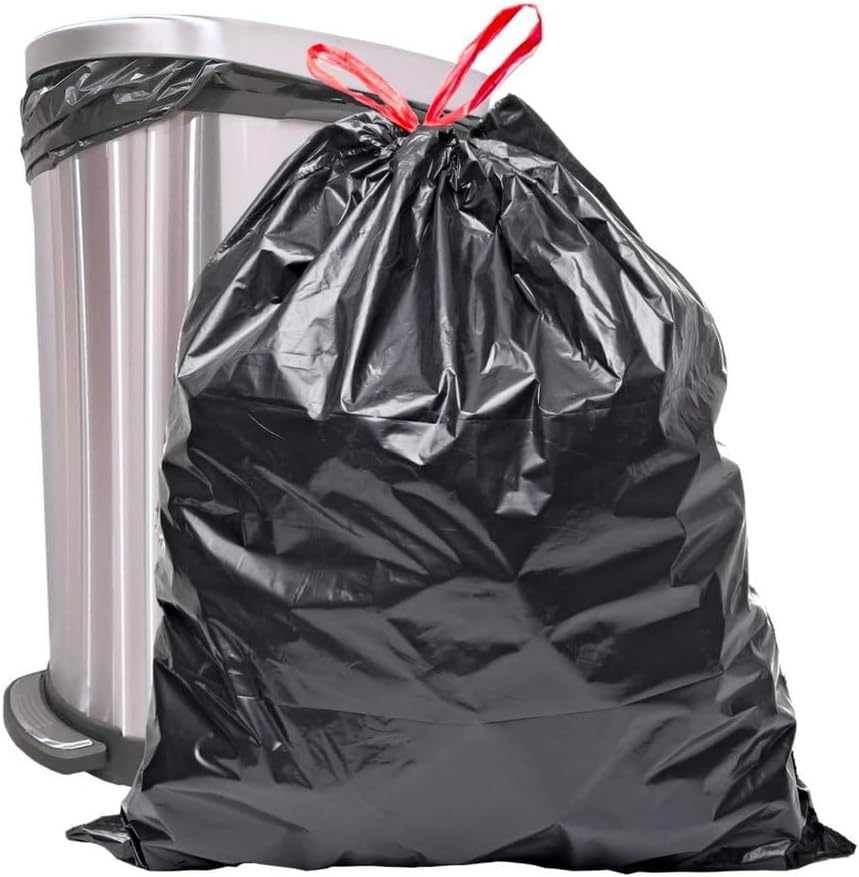DRAWSTRING BLACK TALL KITCHEN TRASH BAGS, 30 GALLON, 56 CT