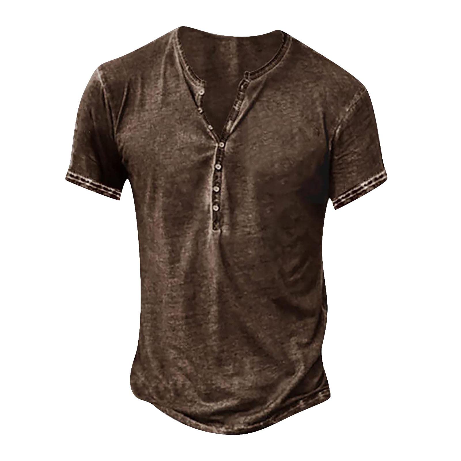 GenericMen's Vintage Henley Shirt Distressed T-Shirt Short Sleeve Button Up Shirt Casual Lightweight Retro T-Shirt Tops Washed Tee Shirt Brown, 3XL