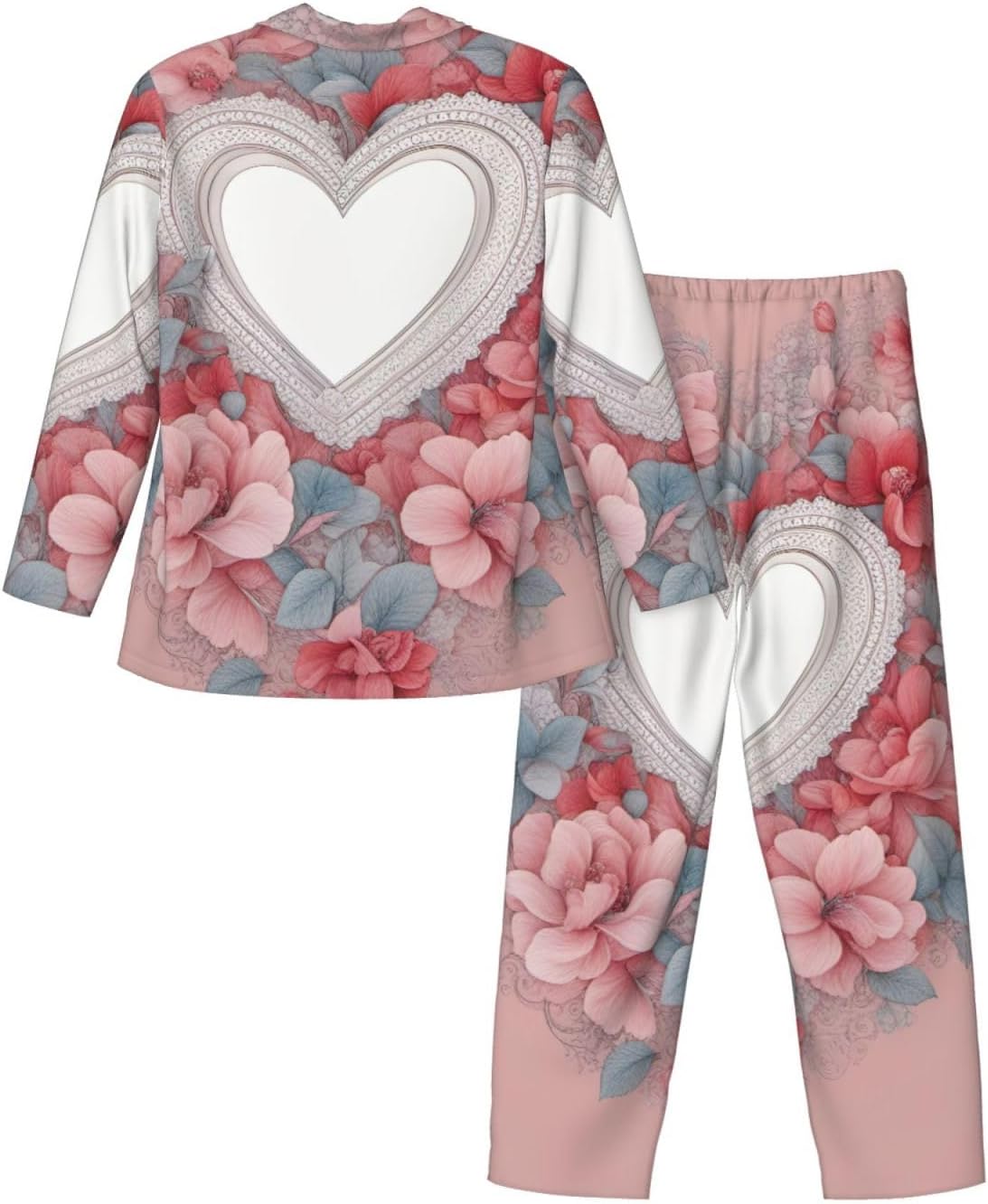 Romantic Heart Print Luxurious Mens Pajamas Set,Soft Breathable Pajamas, Perfect For Winter Christmas