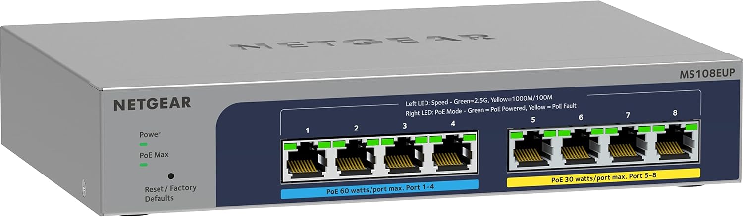 NETGEAR 8-Port Ultra60 PoE Multi-Gigabit Ethernet Plus Switch (MS108EUP) - Managed, with 4 x PoE++ and 4 x PoE+ @ 230W, Desktop or Wall Mount, and Limited Lifetime Protection