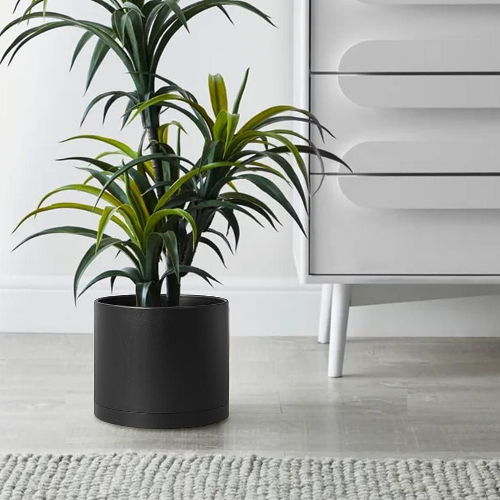 Giraffe Creation 10-Inch Round Cylinder Plant Pot, Modern Indoor/Outdoor Planter with Drainage Hole, Saucer & Water Reservoir, Black