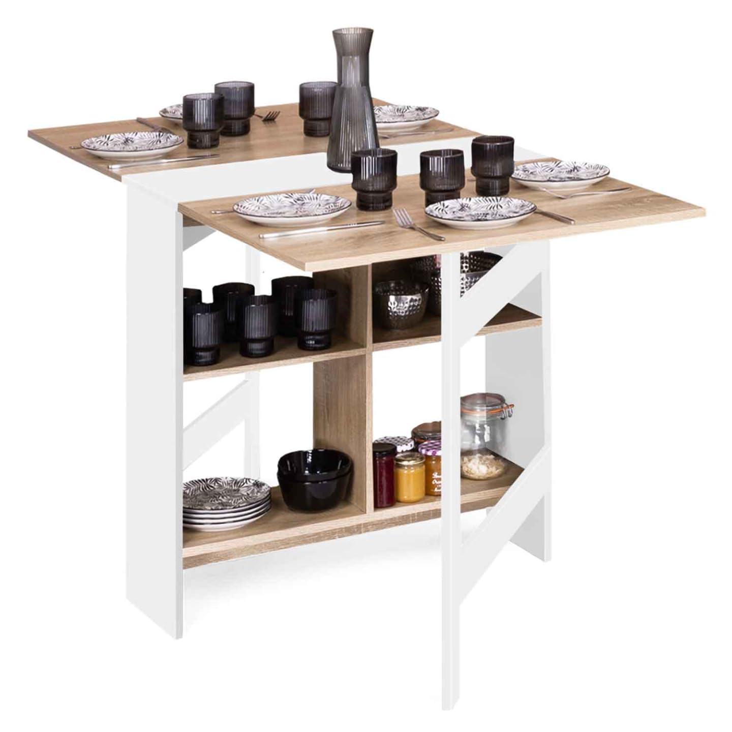 IDMarket - Mesa consola plegable EDI 2-6 personas con almacenamiento, madera blanca, tablero estilo haya 150 x 80 cm