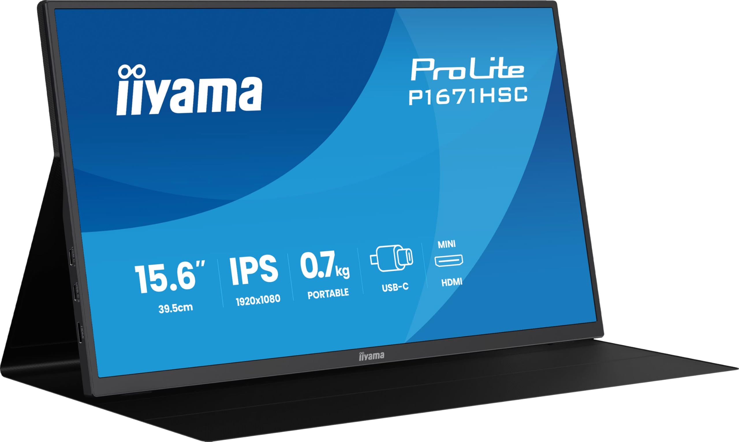 iiyama Prolite P1671HSC-B1 Full-HD IPS-Monitor | 39,5 cm, 15,6", Mini HDMI, USB-C 15W, HDCP, Lautsprecher, Kopfhöreranschluss, Lederhülle, Adaptive Sync, schwarz