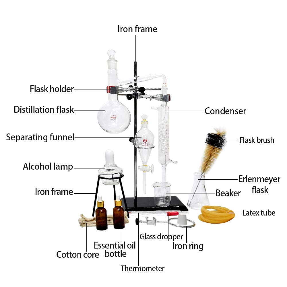 Kit De Cristalería De Laboratorio, Aparato De Destilación a Vapor De Vidrio para Química con Tubos Condensadores SerpentinaEspesados, 500ML, Kit Destilador De Aceites Esenciales DIY,