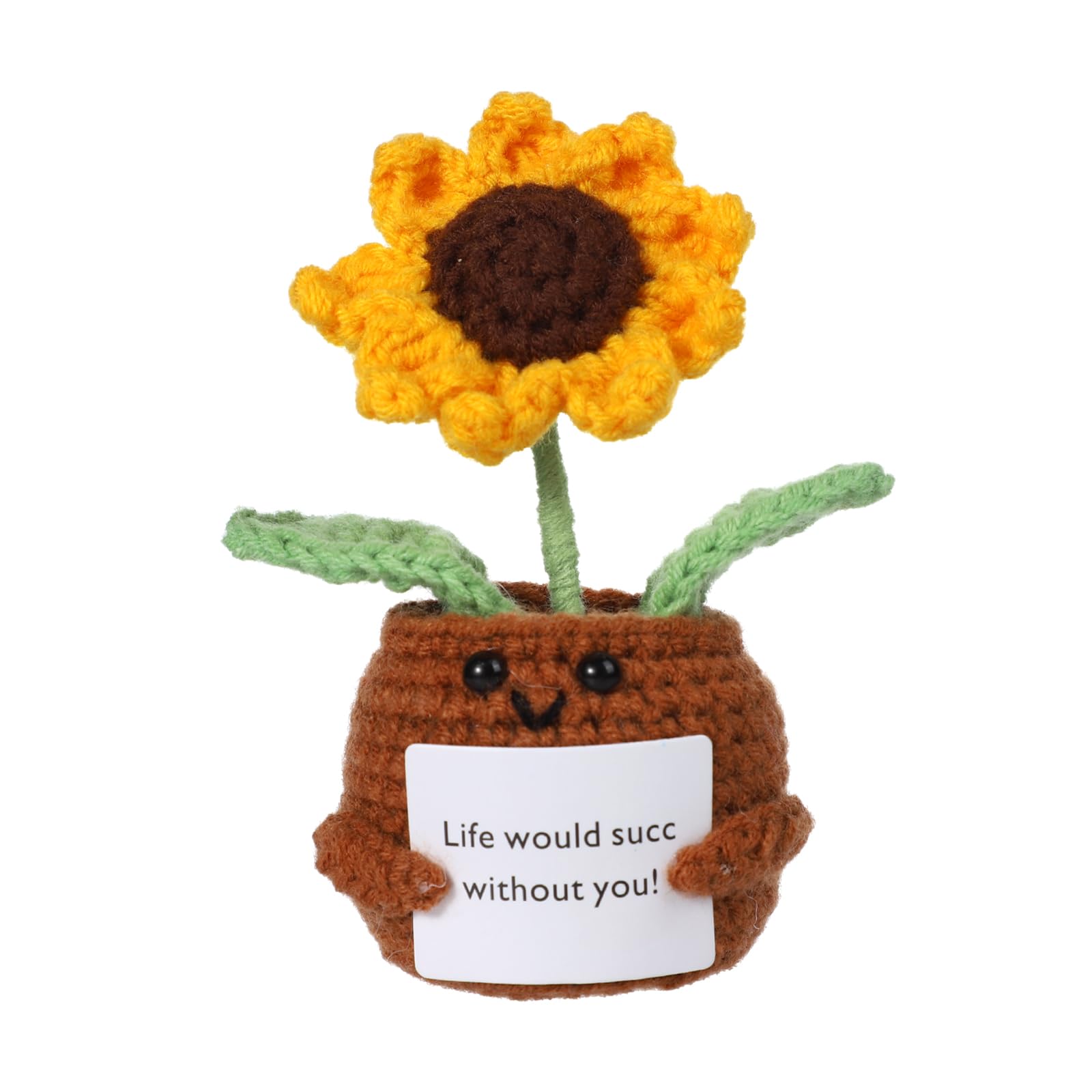 Bambola Uncinetto Portafortuna Con Girasole E Biglietto Incoraggiante | Giocattolo Fatto A Mano Lavorato A Maglia, Regalo Caldo Per Amici, Decorazione Positiva Per Scrivania O Pianta