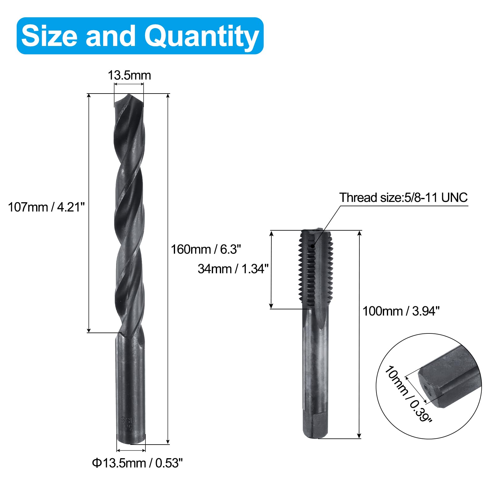 Set di maschi e punte da trapano, 1 maschio per filettatura a scanalatura dritta 5/8-11 UNC da 100 mm extra lungo e 1 punta elicoidale da 13,5 mm da 160 mm extra lunga, utensile per filettatura in o