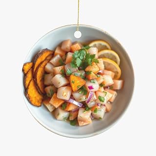 Double Sided Christmas Ornament of Peruvian Ceviche Fish Tartar Peru Cuisine Food -Themed Ceramic Foodie Novelty Holiday Xmas Ornaments (Flat Design, NOT 3D)