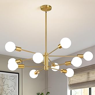Modern Sputnik Chandeliers Light, 10-Light Gold Gold Dining Room Chandelier Over Table, Height Adjustable Industrial Semi Flush Mount Mid Century Chandelier for Kitchen Island Living Room
