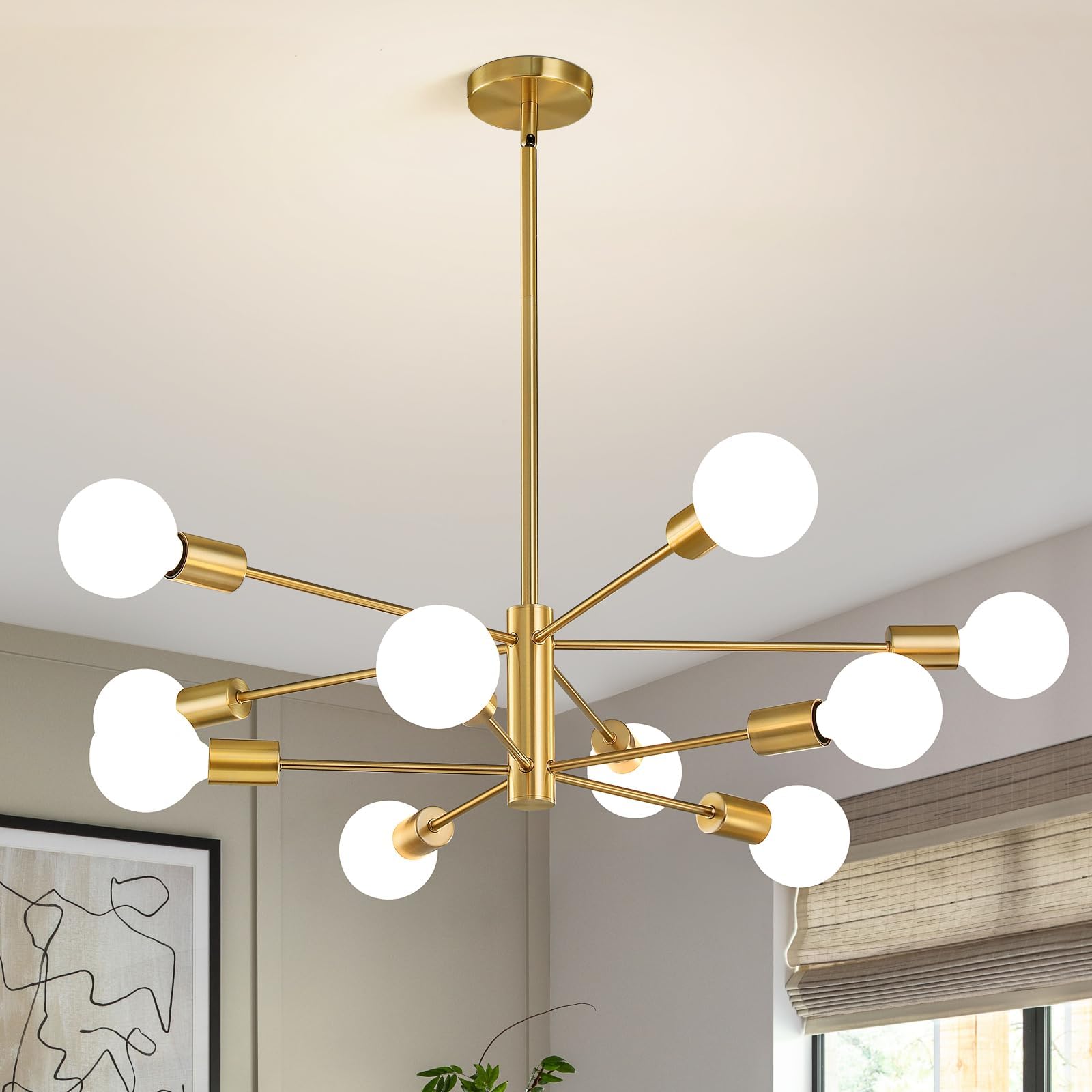 Modern Sputnik Chandeliers Light, 10-Light Gold Gold Dining Room Chandelier Over Table, Height Adjustable Industrial Semi Flush Mount Mid Century Chandelier for Kitchen Island Living Room