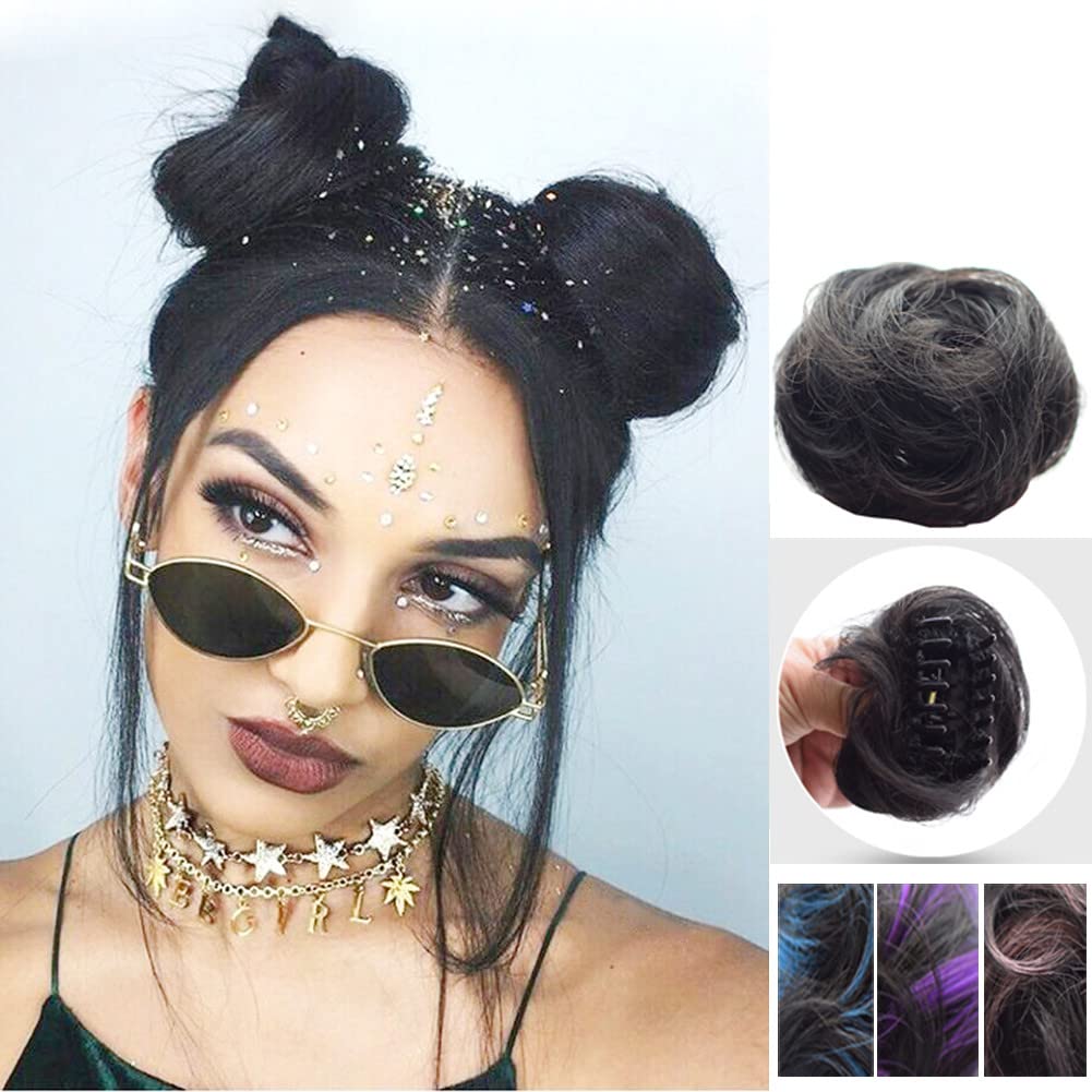 Jaw Clamp Half Bun Extension Claw Clip Updo Chignon Hairpiece Top Wiglet Synthetic Wavy Black Highlight Blue