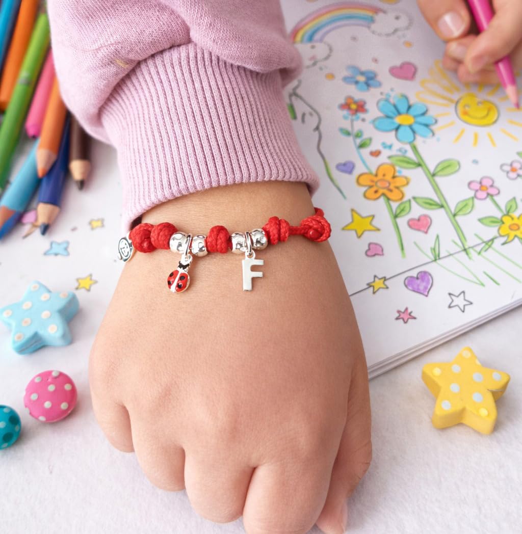 ViMon Braccialetto Portafortuna Bambino in Cordino Rosso Nautico con Coccinella Argento 925 e Iniziale Personalizzata – Regalo Compleanno, Prima Scuola, Onomastico – Fatto a Mano in Italia