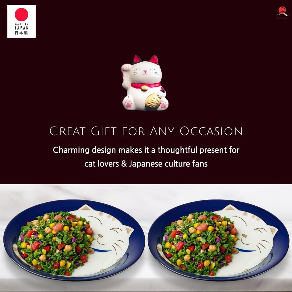 JapanBargain, Set of 4 Japanese Soup Bowls Shallow Porcelain Bowl for Curry Rice Cereal Poke Salad and Dessert, Maneki Neko Smiling Cat Pattern, Made in Japan, 8.5 inch, Blue Color
