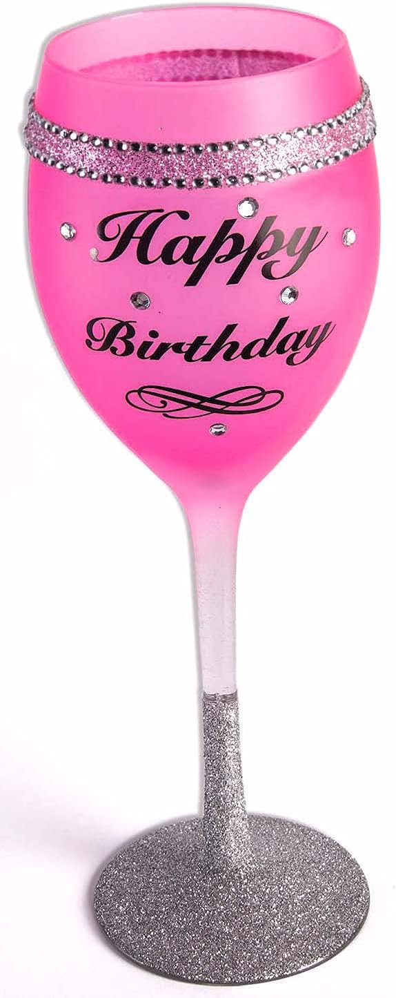 Forum Novelties Family Celebration Pink Wine Glass, Happy Birthday