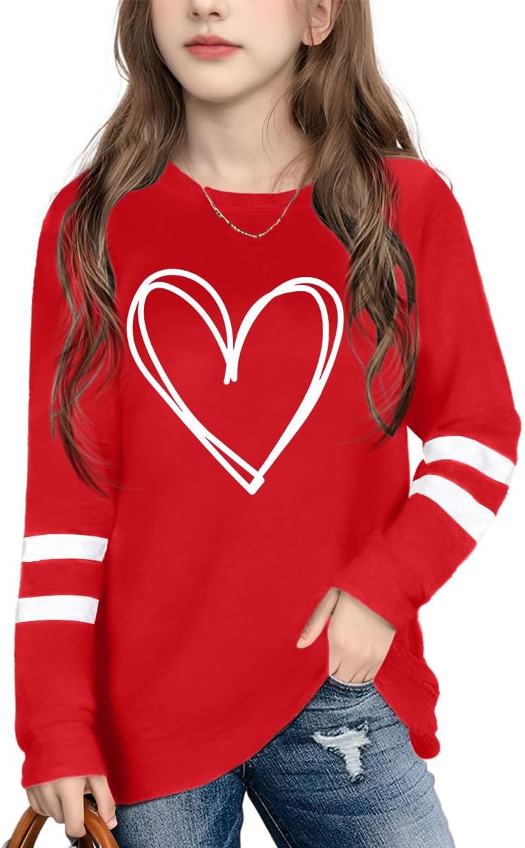 Ithalt Kids Valentine Shirt Girls Valentines Shirts Cute Heart Graphic Long Sleeve Tee Tops 4-14y