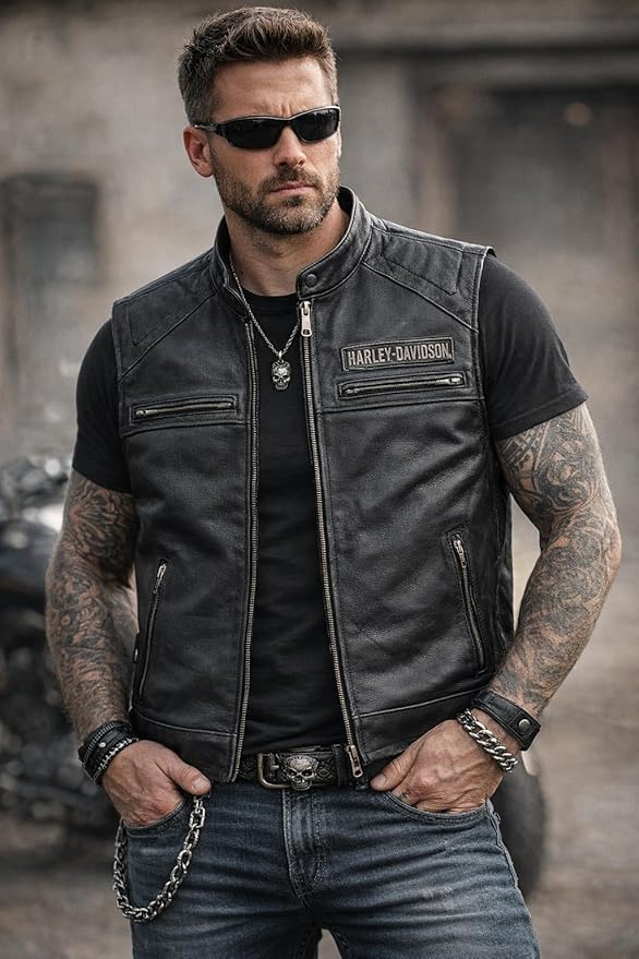 Iconic Harley HD Men’s Passing Link Leather Biker Vest – Davidson Motorcycle Road Warrior