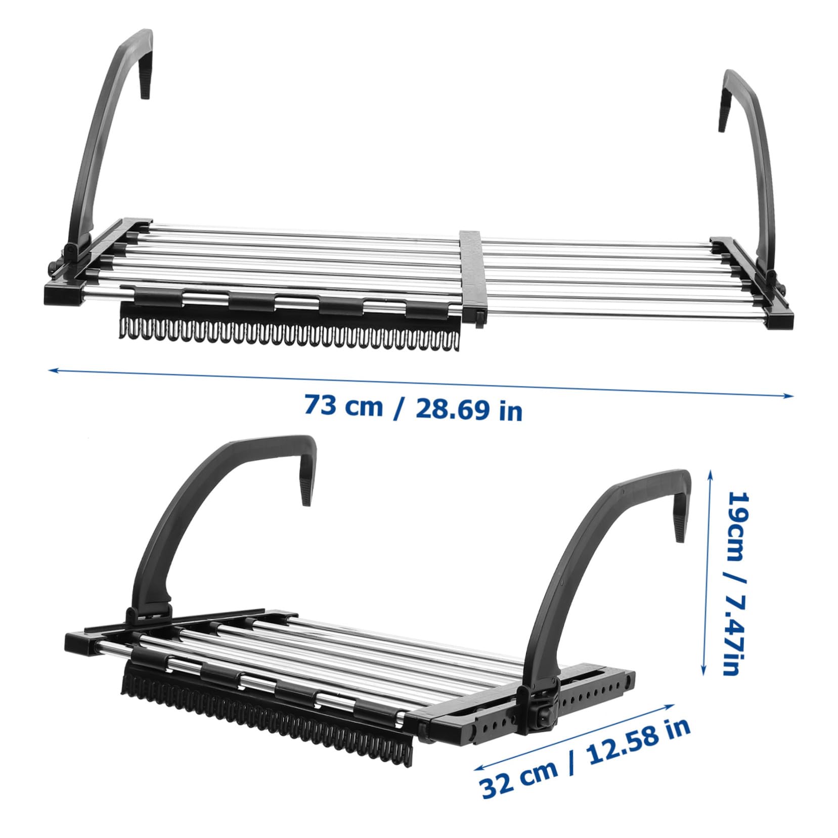 Stendibiancheria Da Balcone Antivento in Acciaio Resistente 42-73 Cm, Appendiabiti Per Calzini 4 Fermavento e 1 Clip, Pieghevole e Salvaspazio Per Casa e Balcone