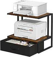VYUOL 3-Tier Printer Stand with Storage Drawer - Rustic Brown Desktop Organizer for Home Office Printers, Scanners, Copiers