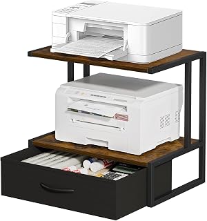 VYUOL 3-Tier Printer Stand with Storage Drawer - Rustic Brown Desktop Organizer for Home Office Printers, Scanners, Copiers
