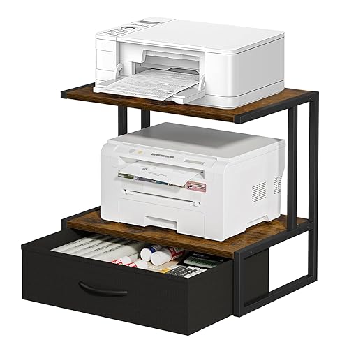 Printer Stand with Storage for Desk, with Fabric Drawer Desktop