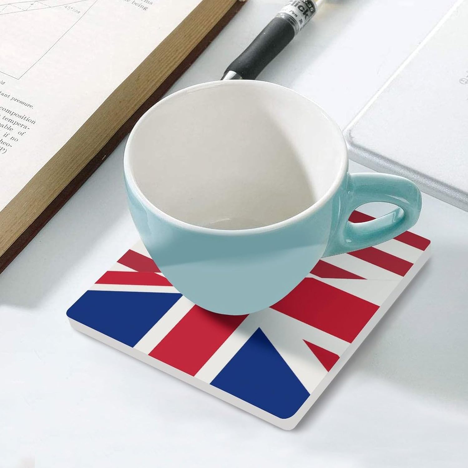 U.S. UK Flag Funny Ceramic Coasters for Drinks Absorbent Cup Holder Tabletop Protector with Cork Base
