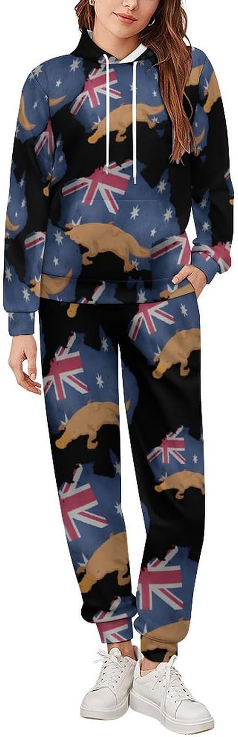 Vintage Australia Map Flag Australian Platy-Pus Sweatshirts for Men Two Piece Casual Hoodie Tracksuit Jogger Pants