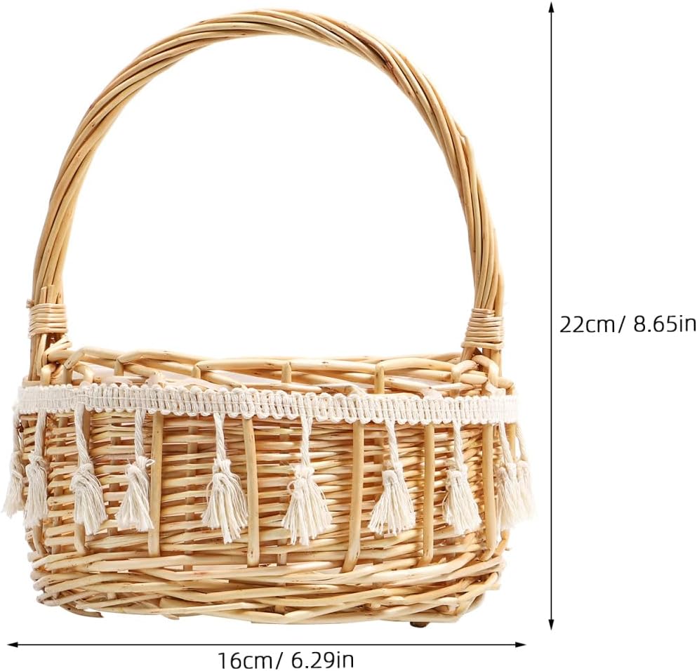 DOITOOL Wicker Bride Basket, Rattan Woven Flower Girl Basket with Handle, Rustic Rattan Wicker Storage for Wedding Ceremony Petals, Boho Fringe Photo Prop and Easter Egg Hunt, 6.3x6.3x8.7in