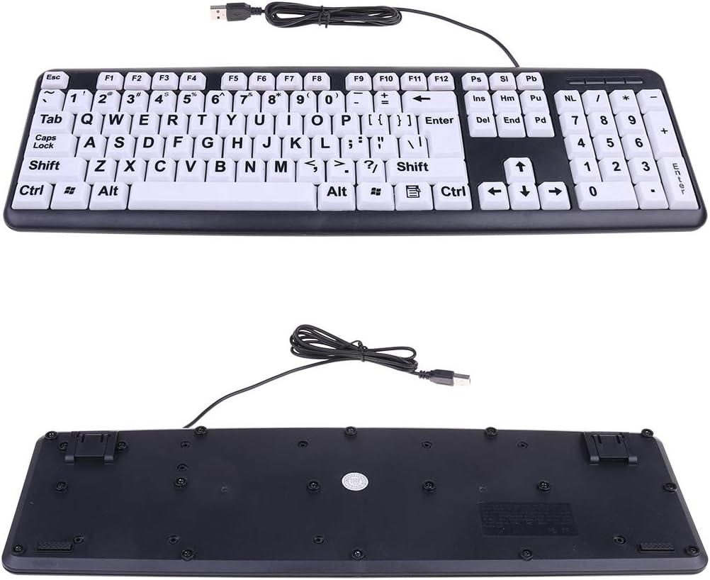 USB Wired PC Computer Game Gaming Keyboard High Contrast Large Print White Keys Black Letter for Old People Elderly Men