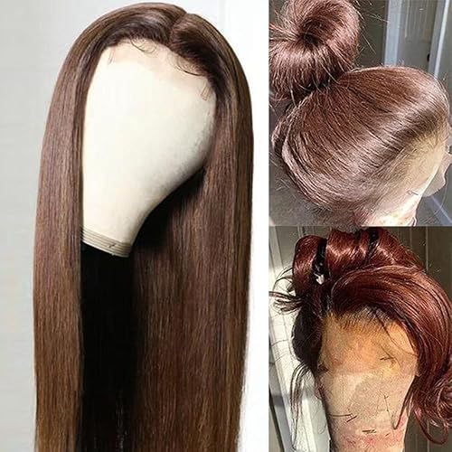 Miniatura 8 de Pelucas lacias de 13 x 6 pulgadas, color marrón chocolate 12A, pelucas de encaje frontal HD con cabello de bebé, densidad 200, pelucas lacias sin