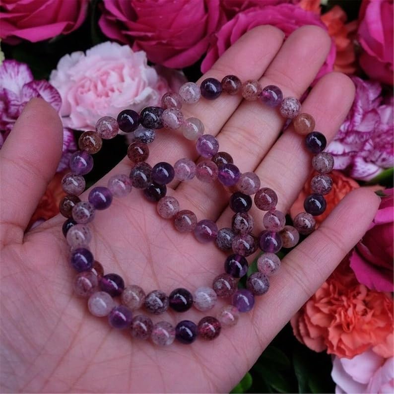 LKBEADS Natural Super Seven Stone 8mm rondelle smooth 7inch Semi-Precious Gemstones Beaded Bracelets for Men Women Healing Crystal Stretch Beaded Bracelet Unisex