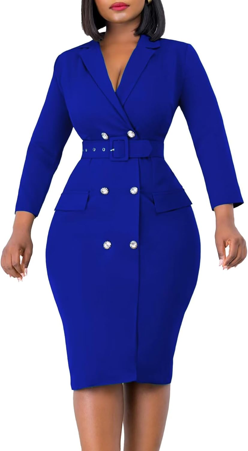 Women's Work Dresses Business Slit Sleeve Belted Double Breasted Blazer Dress