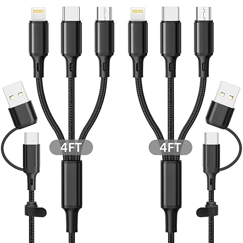 Cable de carga múltiple 5 en 1 paquete de 2 cables de carga universal multiUSB de 4 pies USB AC a teléfono USB C Micro USB Lightning conector de