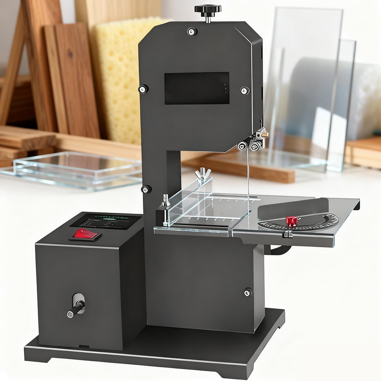 800 W Sierra de Cinta Profesional de sobremesa para pequeños talleres,Altura de Corte 70 mm,Garganta 90 mm,Cortes curvos y Rectos,Mesa de Metal inclinable (0-45°)