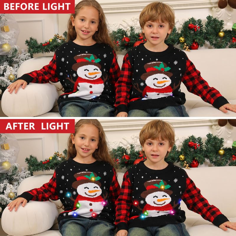Maglione Natalizio Bambino con Luci, Maglioni Natalizi Bambini Divertenti, Girocollo Maglioncino Natalizio Famiglia Led Ugly Christmas Sweater,Brutti Maglioni di Natale per Bimbo/Bimba/Ragazza/Ragazzo