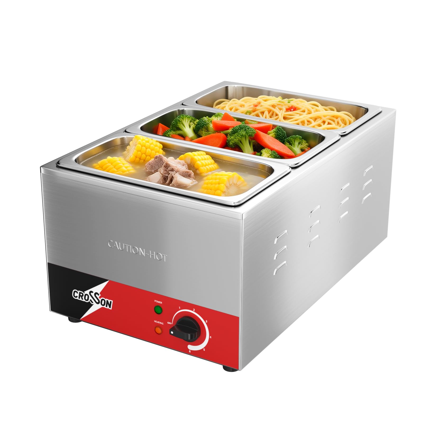 CROSSON Bain Marie Électrique Professionnel,1200W Bain Marie Électrique en Acier Inoxydable,3 x GN 1/3 Récipients avec Couvercle,Température Réglable 30°C - 85°C Chauffe-Buffet Chafing Dish