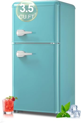 Retro Fridge with Freezer, 3.5 Cu. Ft. Mini Fridge, Small Refrigerator with 7-Level Adjustable Thermostat, Retro Compact Refrigerator 2-Door Fridges for Apartment/Dorm/Office/RV,Mint Blue