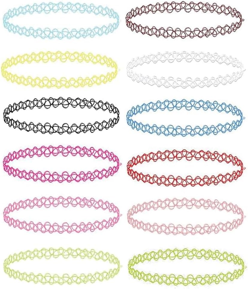 12PC Tattoo Choker Necklace - 90s Accessories 2000s Jewelry Y2K Fashion Vintage Trendy - Rainbow Goth Black Pink Green Blue White - Adjustable Stretchy Elastic Necklace Summer Vacation Set