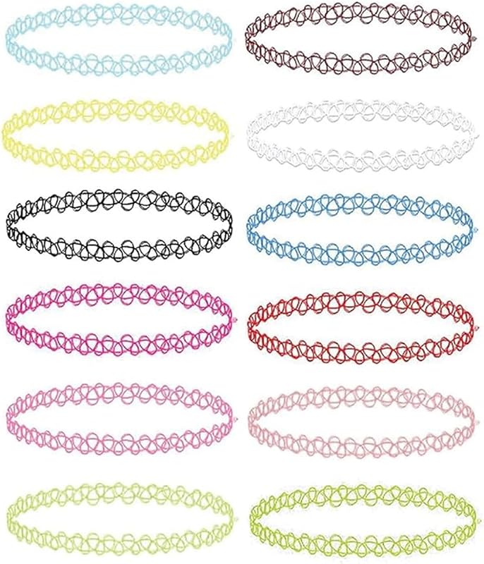 12PC Tattoo Choker Necklace - 90s Accessories 2000s Jewelry Y2K Fashion Vintage Trendy - Rainbow Goth Black Pink Green Blue White - Adjustable Stretchy Elastic Necklace Summer Vacation Set